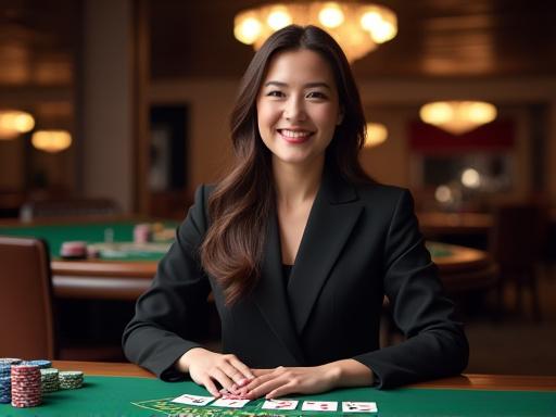 Croupier donna sorridente a un tavolo di blackjack in una diretta streaming