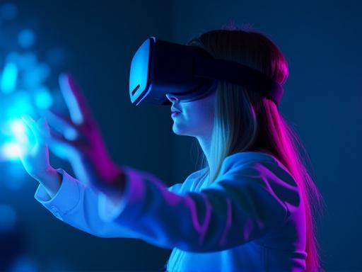 Persona che indossa un visore VR e interagisce con un ambiente di gioco virtuale