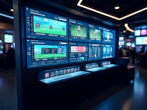 Chiosco moderno per scommesse sportive con schermi che mostrano le quote