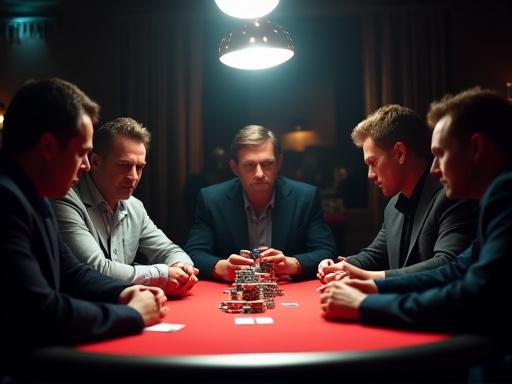 Tavolo da poker durante un torneo con giocatori concentrati