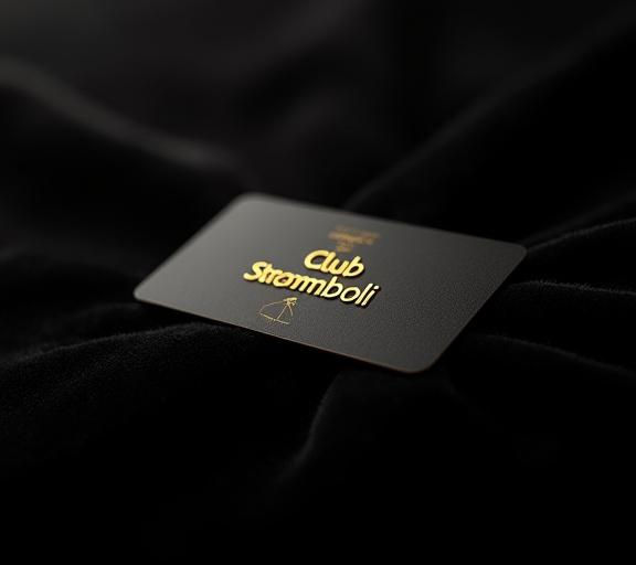 Elegante carta VIP nera e oro 'Club Stromboli' su un tavolo di velluto